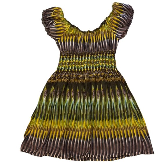 Piknik Boho Style Smocked Cotton Scoop Neck Mini Sun Dress Multicolor Tie Dye - Picture 1 of 6
